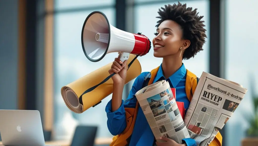 Woman holding a megaphone and newspapers, symbolizing public relations and media outreach.