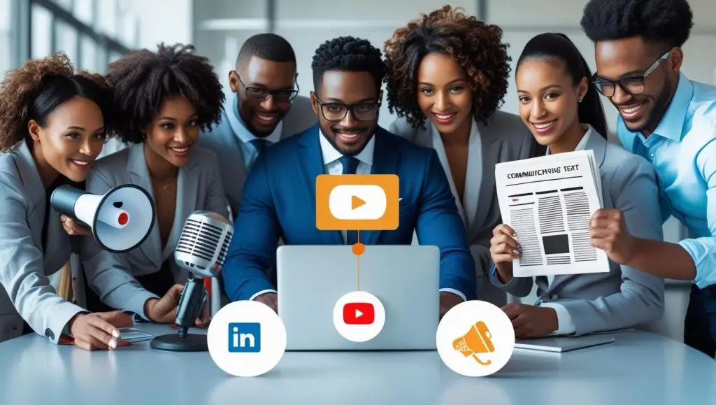 Diverse team of professionals collaborating around a laptop with media icons and PR tools, representing Belight Media’s content marketing and public relations process.