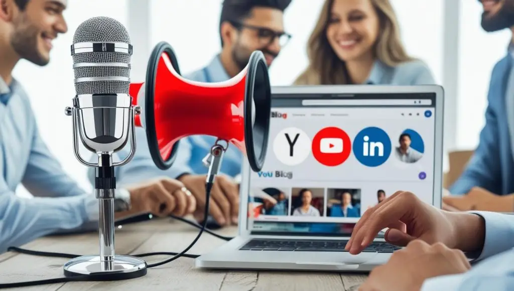 Modern microphone and megaphone on a desk beside a laptop showing YouTube and LinkedIn icons, symbolizing content marketing, PR, and social media promotion.