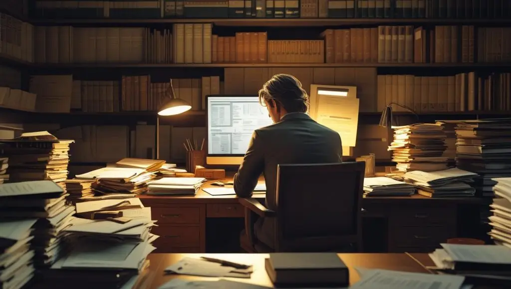 Researcher working late at a desk surrounded by stacks of papers and books.