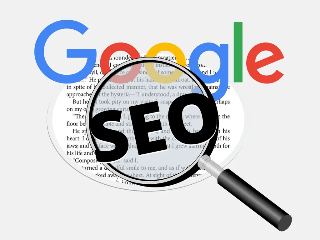 A magnifying glass highlighting the word “SEO” over the Google logo, symbolizing how SEO blog writing services improve visibility and ranking on search engines.