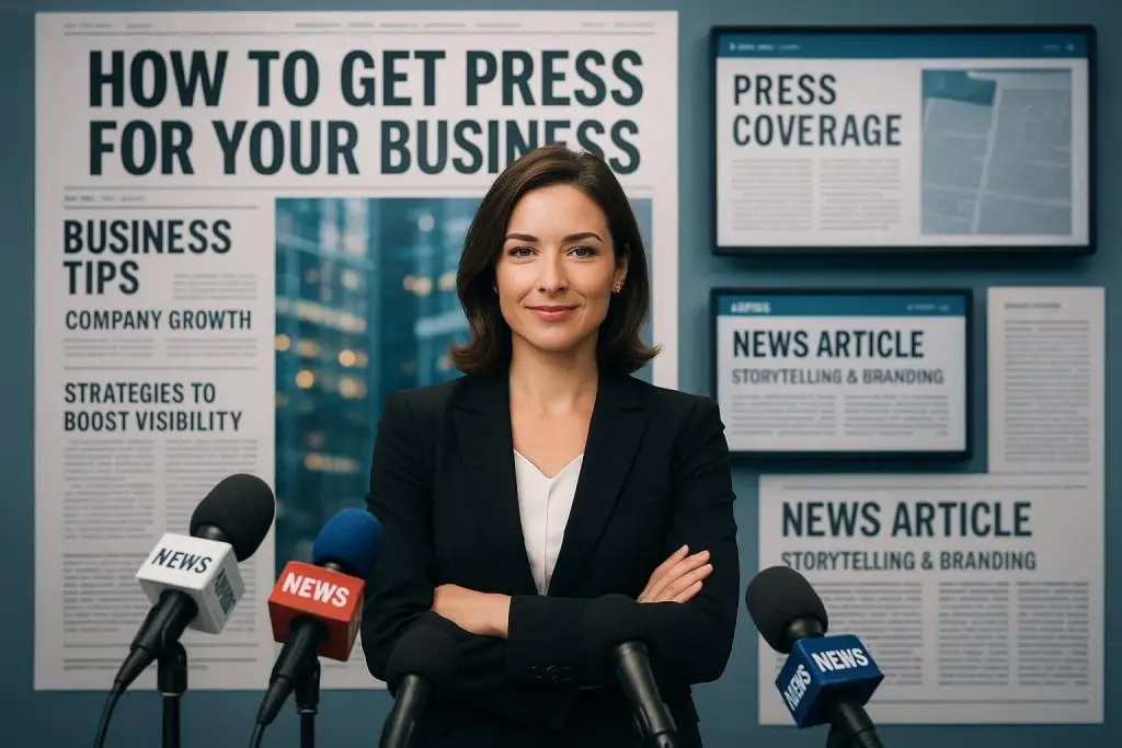 A confident businesswoman standing before microphones and news headlines about press coverage and business growth, symbolizing successful media relations.