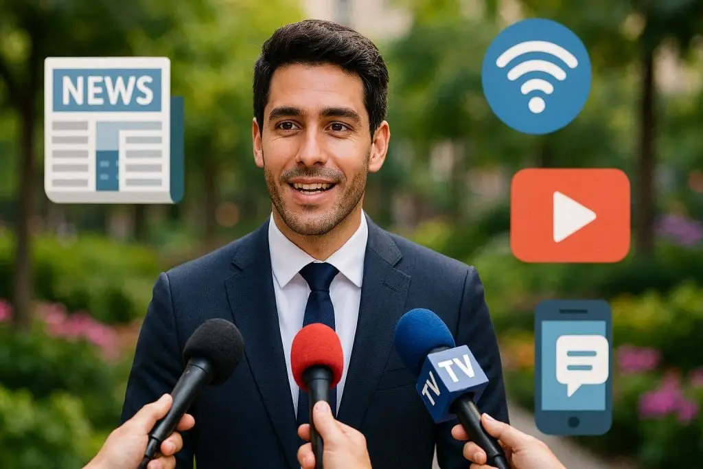 An entrepreneur being interviewed by journalists with microphones and media icons, showing how to get published in media.