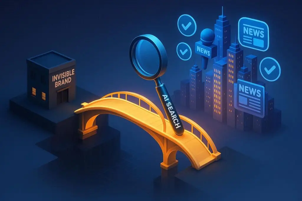 A digital bridge representing how a PR agency connects a business to media outlets and AI search visibility.