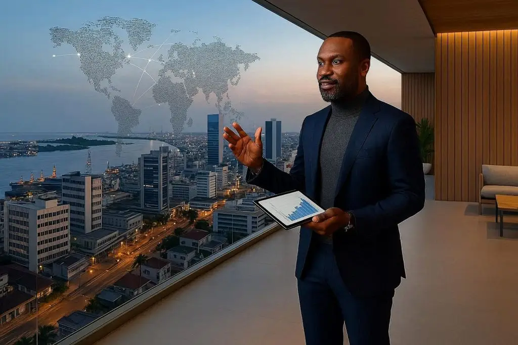 A tech executive on a modern balcony overlooking a city skyline at dusk, gesturing toward a holographic global data network.